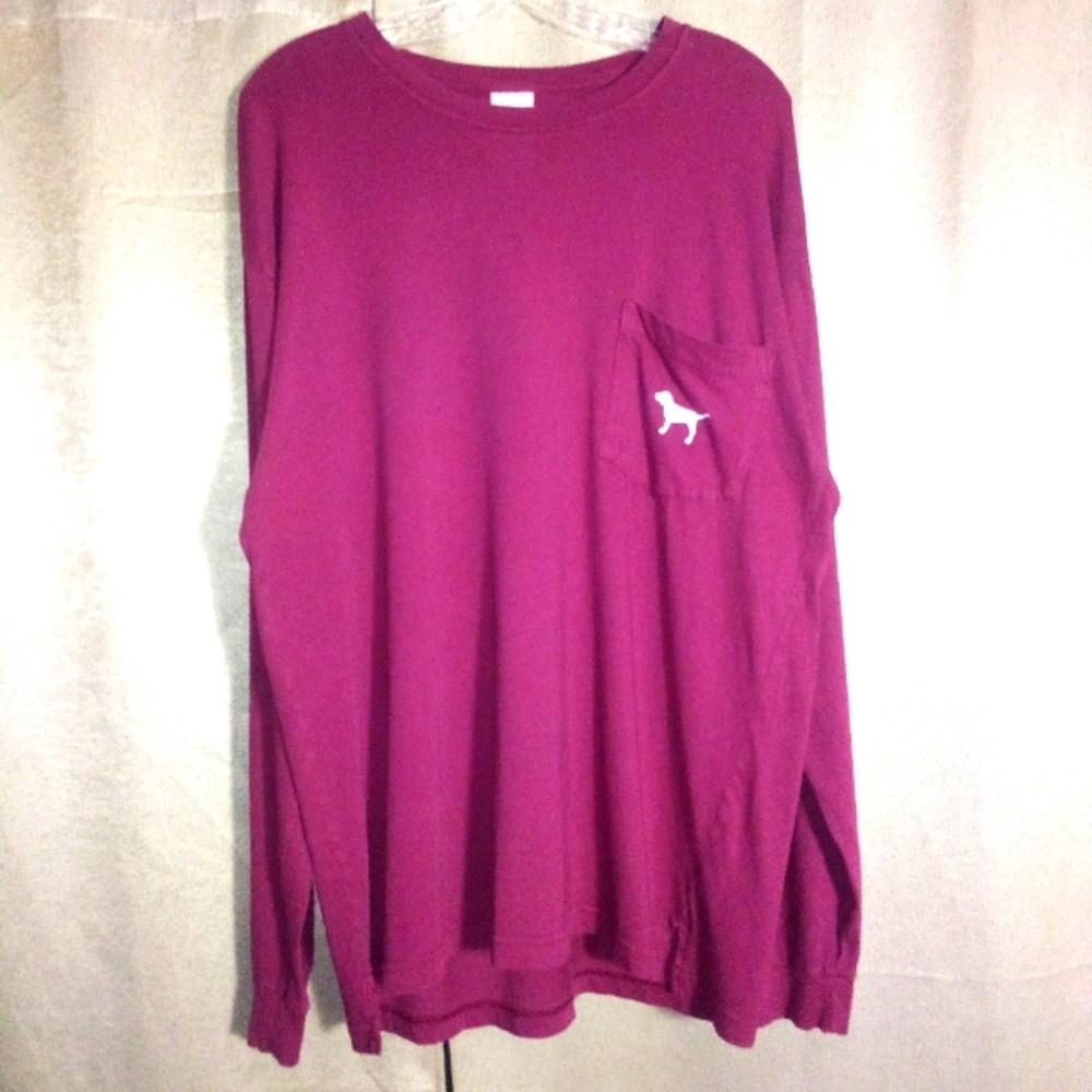 PINK Victoria's Secret Longsleeve Pocket Tee with Puppy Dog Burgundy Siz…
